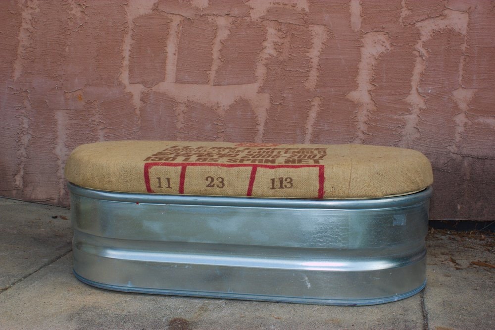 Upcycled Storage Bench: Galvanized Farm Stock Tank with Coffee Sack Lid