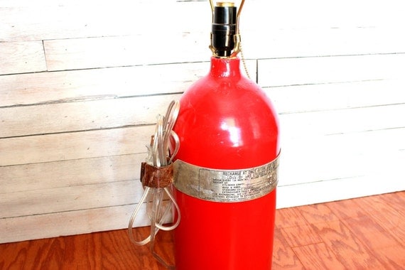 Table Lamp: Reclaimed Upcycled Fire Extinguisher with original aluminum band with instructions