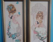2  Vintage Framed Wendy Prints Girls in Calico with Bird and Kitten by Stapco 1970s 1980s