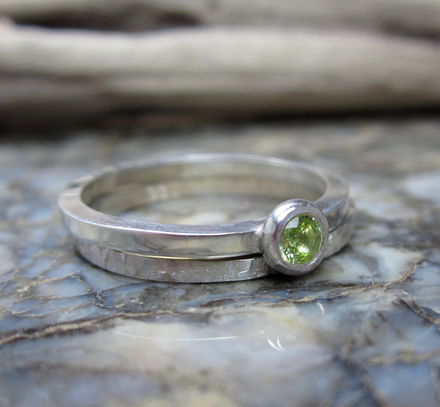 skinny stacking rings in sterling and peridot with hammered band