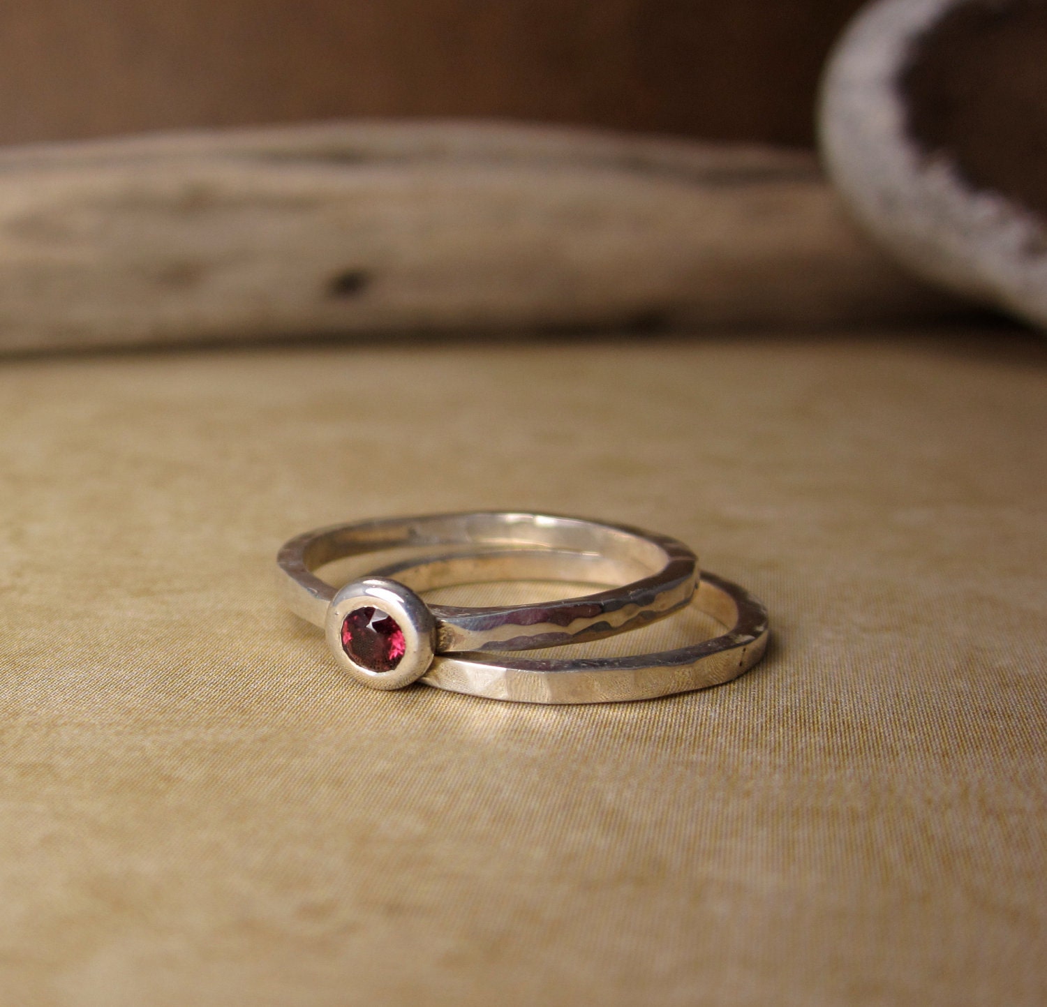 garnet stacking in ring sterling silver hammered bands