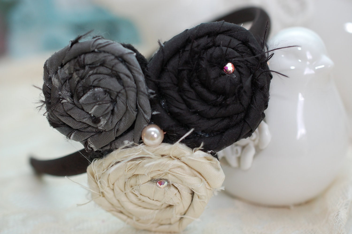 Black, gray, and white Silk Rosette Headband