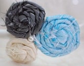 Blue, gray, and white Silk Rosette Headband