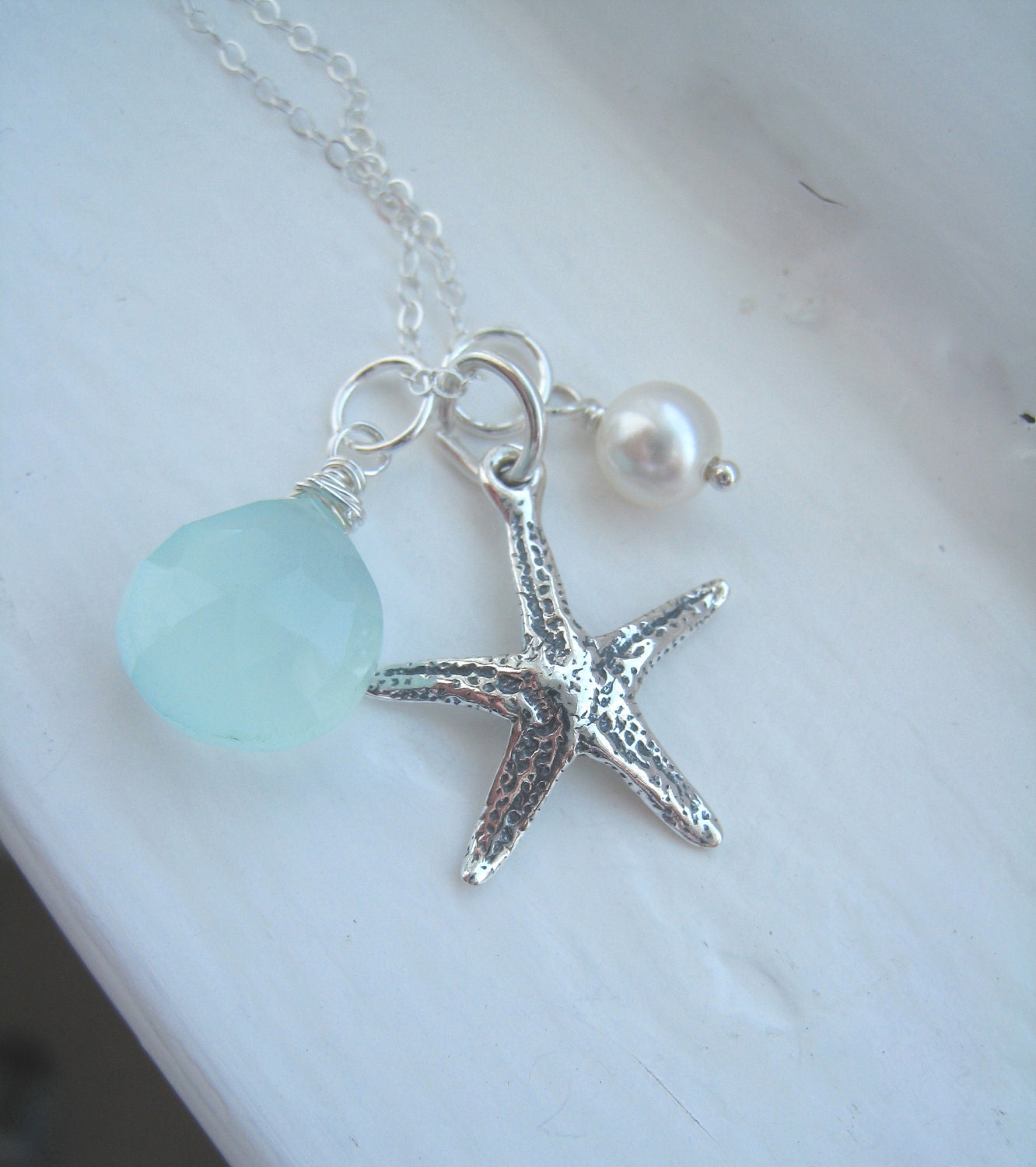 Beach Wedding. Starfish Necklace. Aqua Chalcedony. Ocean Theme.