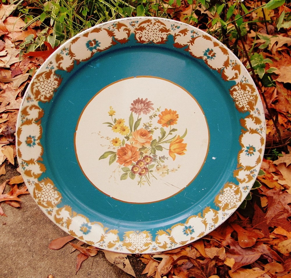 Vintage Tray Large Shabby Chic Aqua Gold With Flower Detail