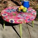 Ottoman Coffee Table Round Upcycled in Designer Fabric with Wood Legs in Moss Green
