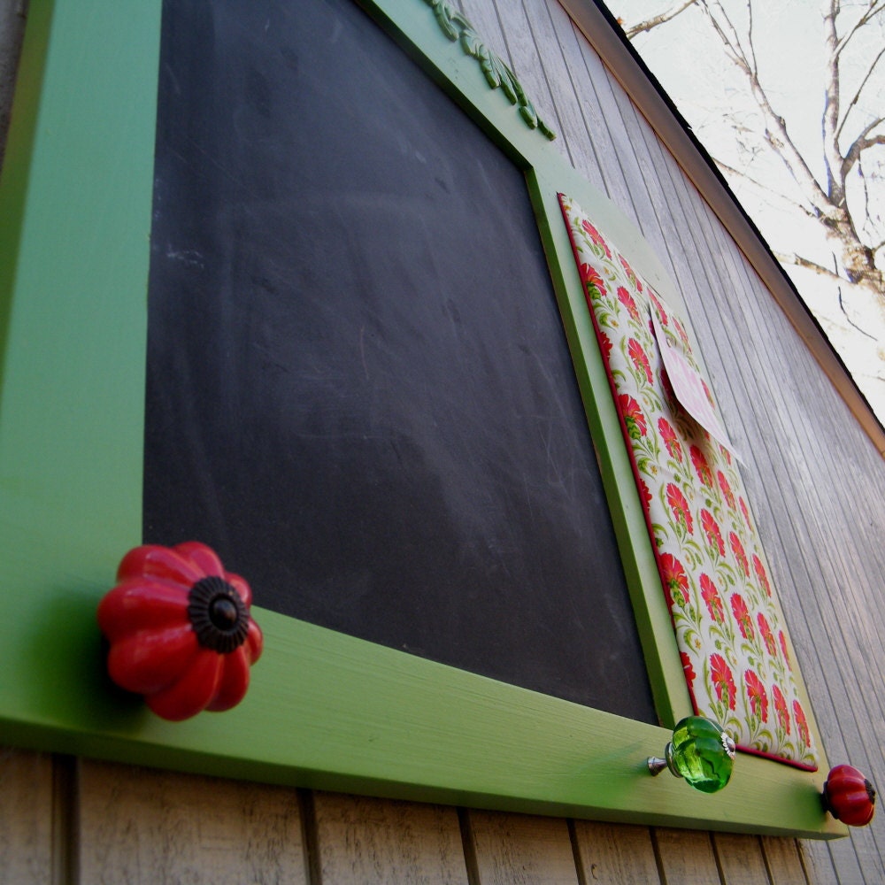 Framed Chalkboard Message Board Organizer Apple Green and Red