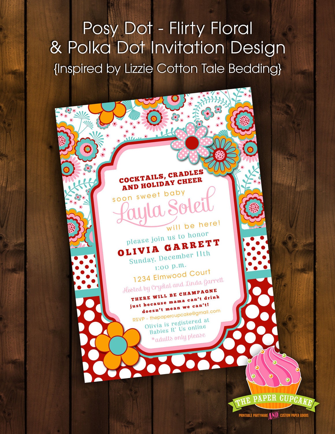 Printable Baby Shower Invitation Design - Posy Dot Flirty Floral & Polka Dot Design Inspired by Lizzie Cotton Tale Bedding Il_170x135