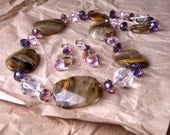 Esther Jewels Amethyst- Large Chunky Statement Jewelry Set with Multi Faceted Amethyst and Kunzite Pink Crystals and Tigerskin Glass