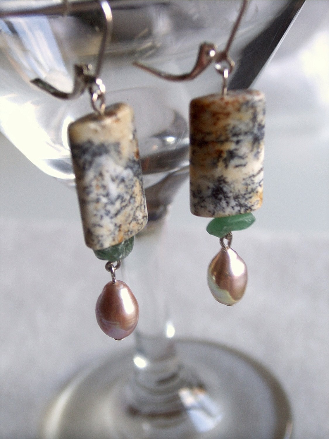 ARCTIC BEAUTY - Long Multi Gemstone Beaded Silver Earrings w/ Moss Opal, Jade, and Lilac Freshwater Pearls