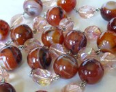 Medium Long Strand Beaded Statement Stone Crystal Necklace w/ Botswana Agates and Peach Faceted Czech Crystals
