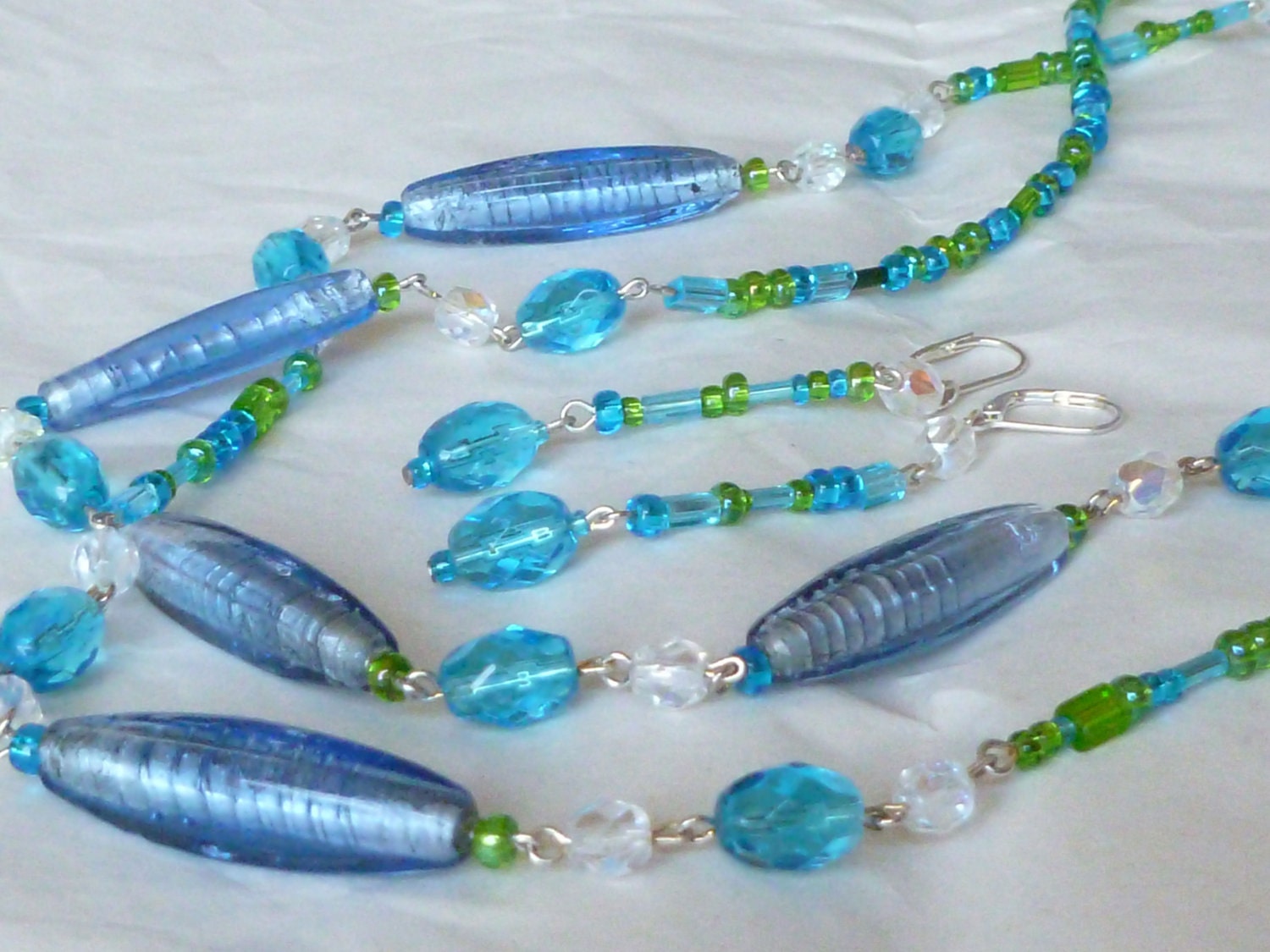Aqua Blue and Sea Green Beaded Jewelry Set