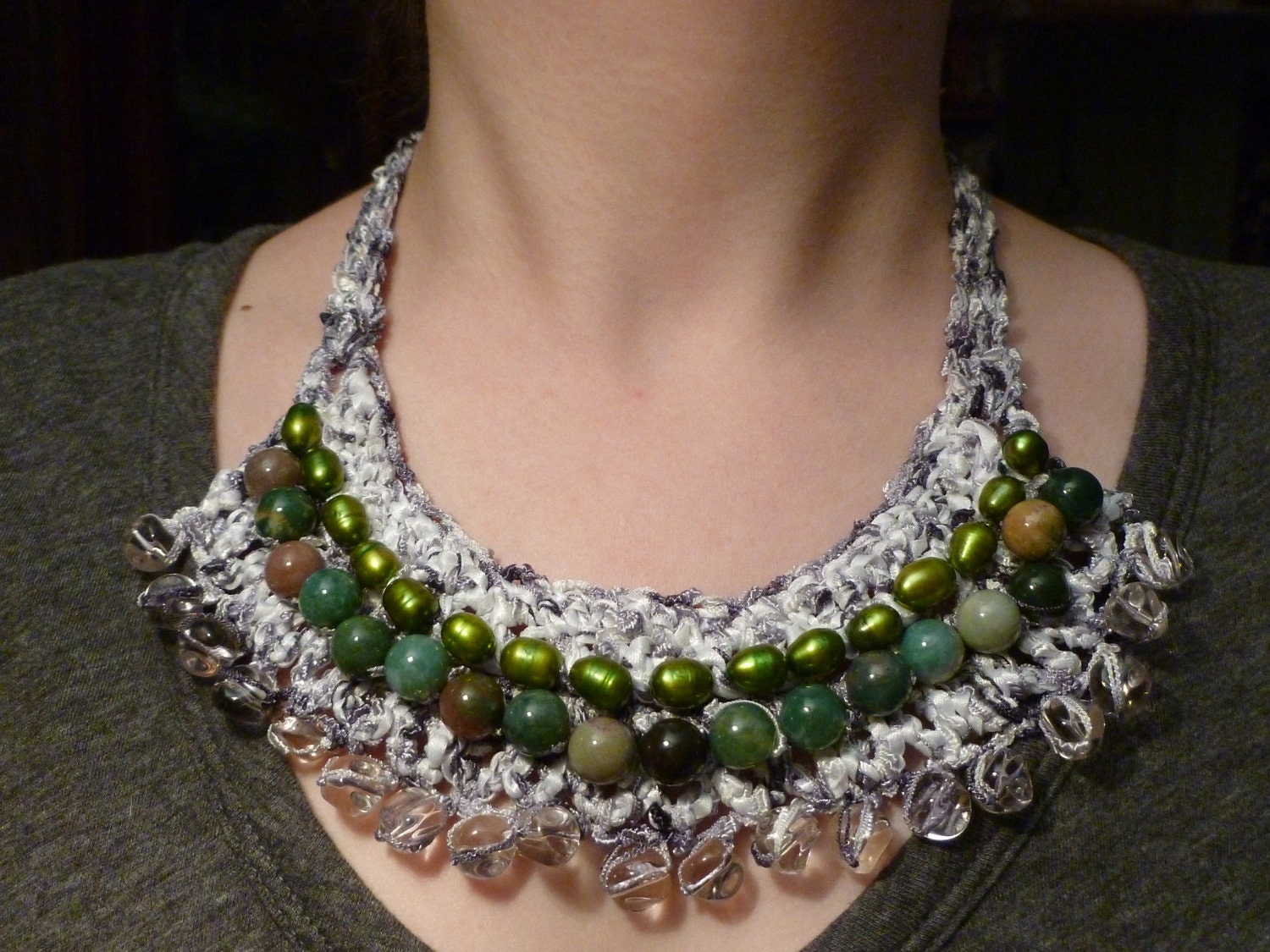 Bib Beaded Statement Crocheted Necklace w/ Fancy Jasper, Pink Glass, Green Freshwater Pearls- MIRABELLA