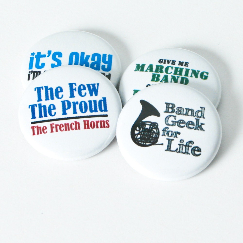 Set of Four French Horn Marching Band one inch buttons or magnets