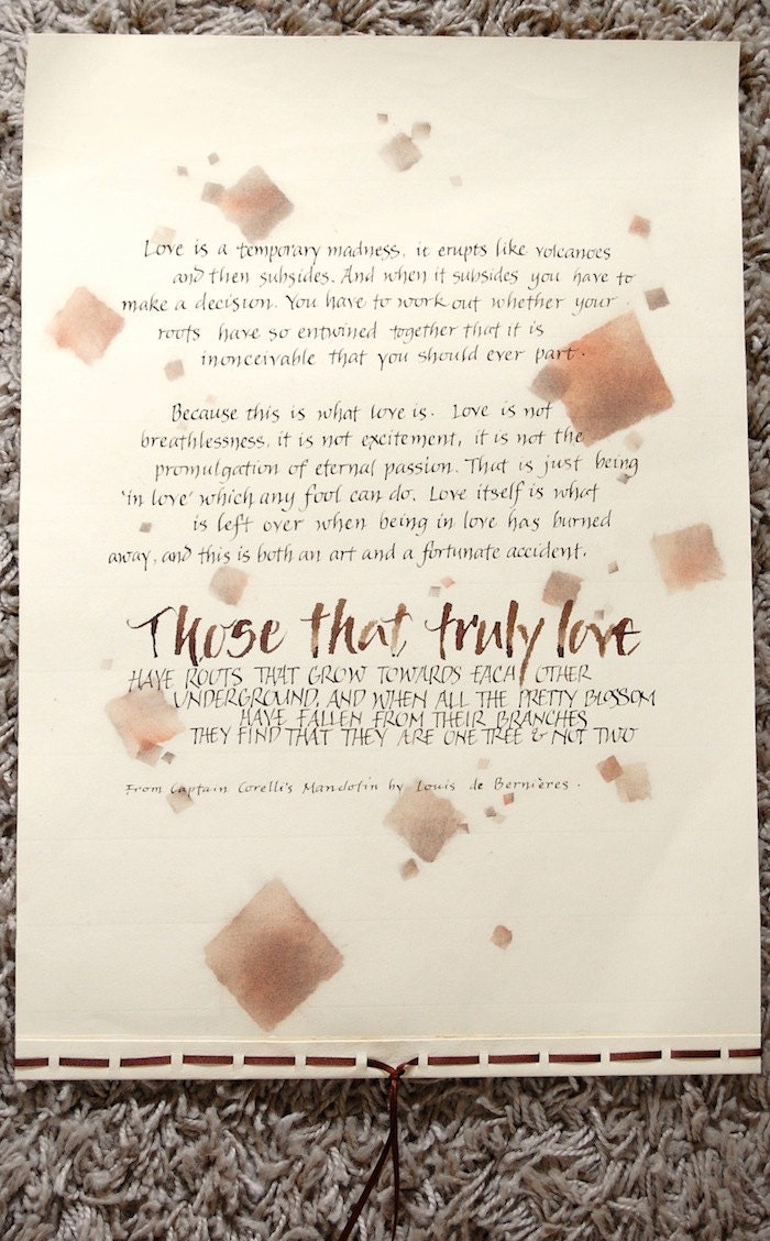Captain Corelli, ORIGINAL calligraphy, personalized wedding gift, engagement, anniversary, love, brown, cream, scroll,