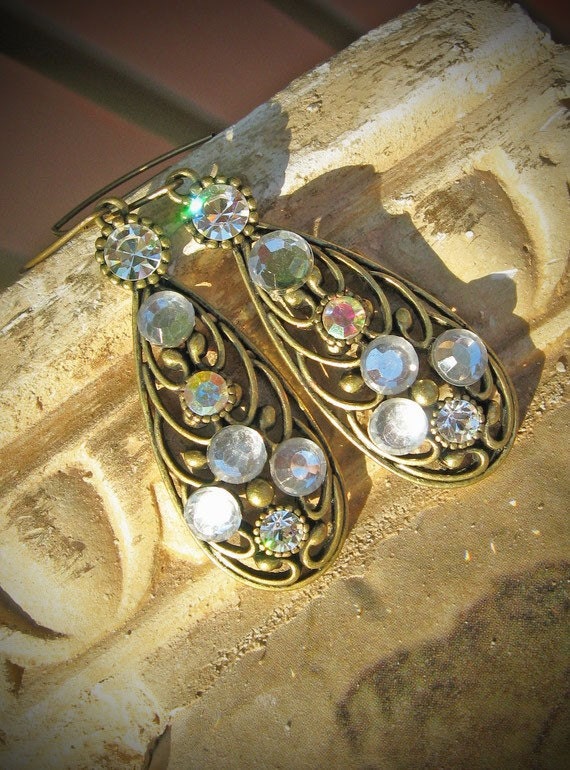 Vintage Earrings, Bride, Wedding, Antiqued Brass, Crystal Bridal Earrings, Jewelry by rewelliott on Etsy