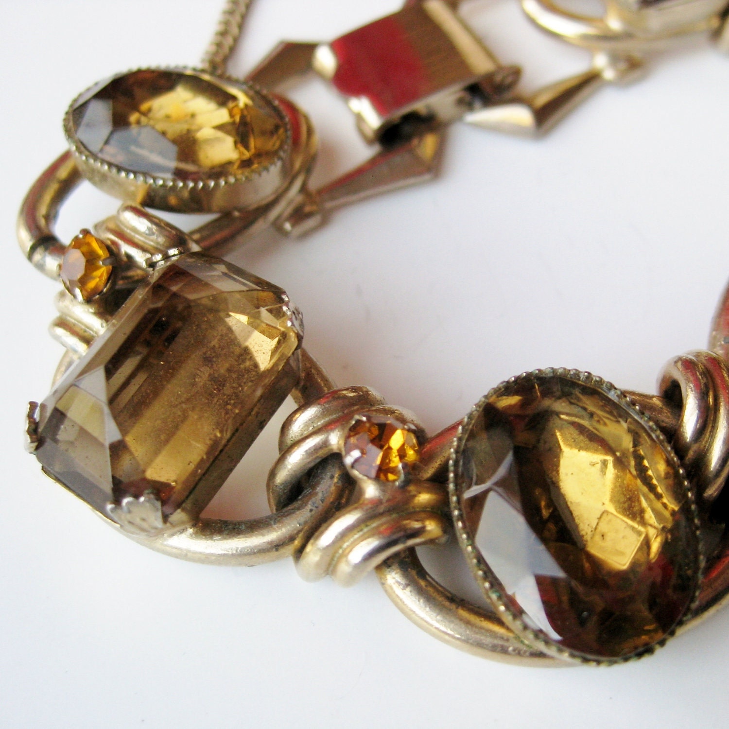 Vintage 50s 60s Smoky Topaz Cabochon & Emerald Cut Glass Rhinestone Gold Link Chunky Bracelet