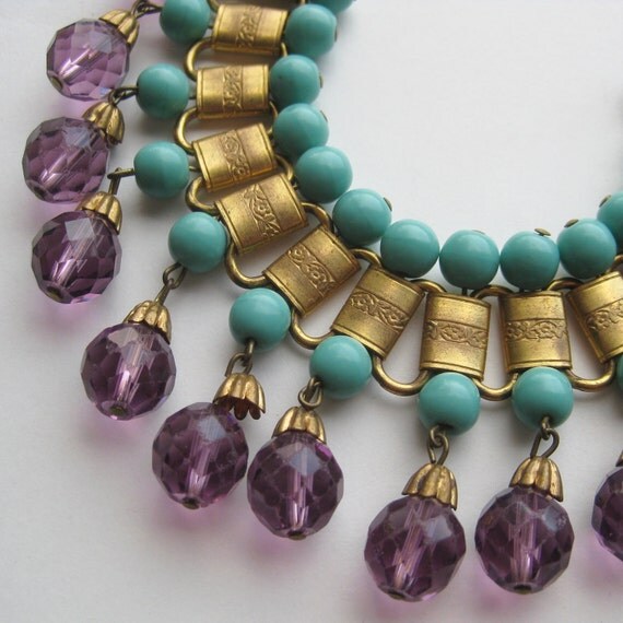 Reserved - Vintage 50s Miriam Haskell Style Eqyptian Revival Gold Link Amethyst Glass Bead Designer Bracelet
