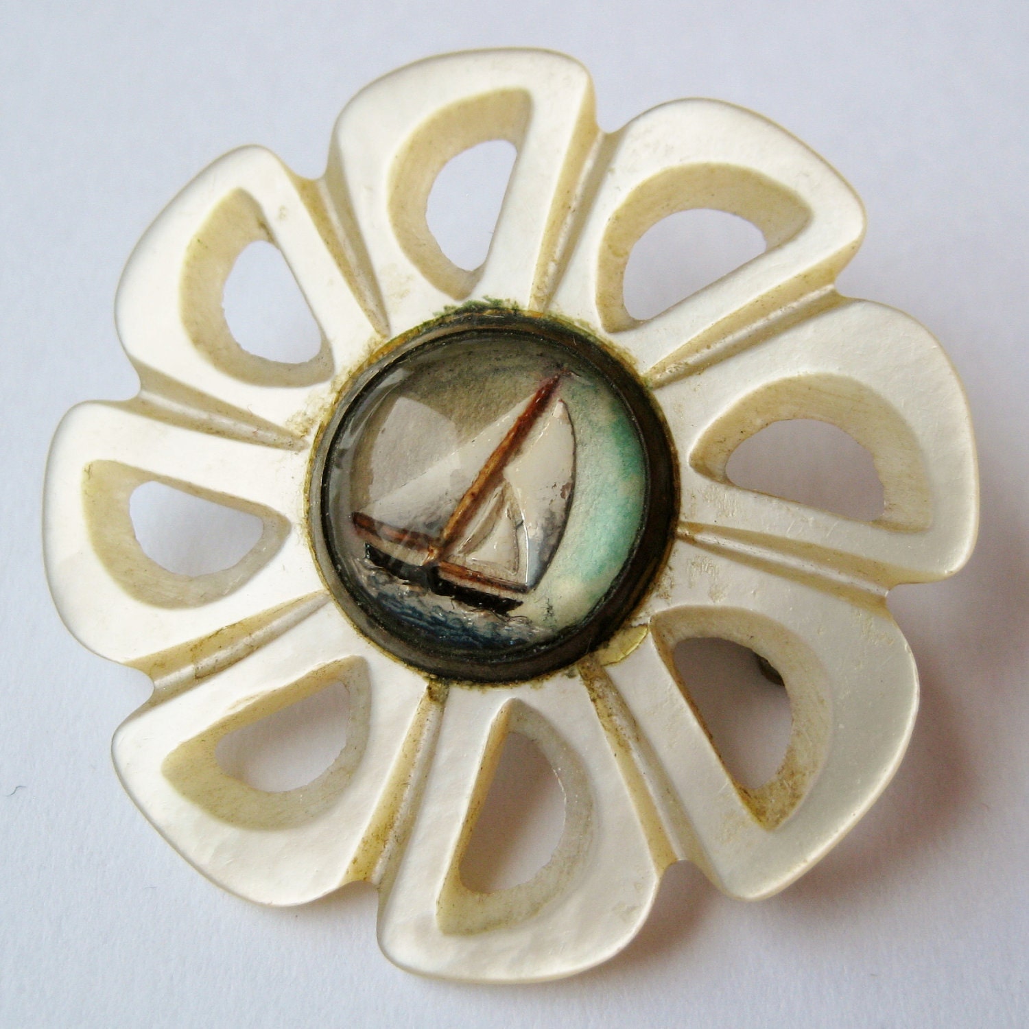 Sail Away With Me Vintage 20s Carved Mother of Pearl Glass Sailboat Cabochon Brooch Pin