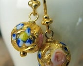 Earrings, Murano Glass, Fiorato Bead Dangle, Gold Foil Swirls with Pink, Blue and White Flowers, Gold Filled Earwires
