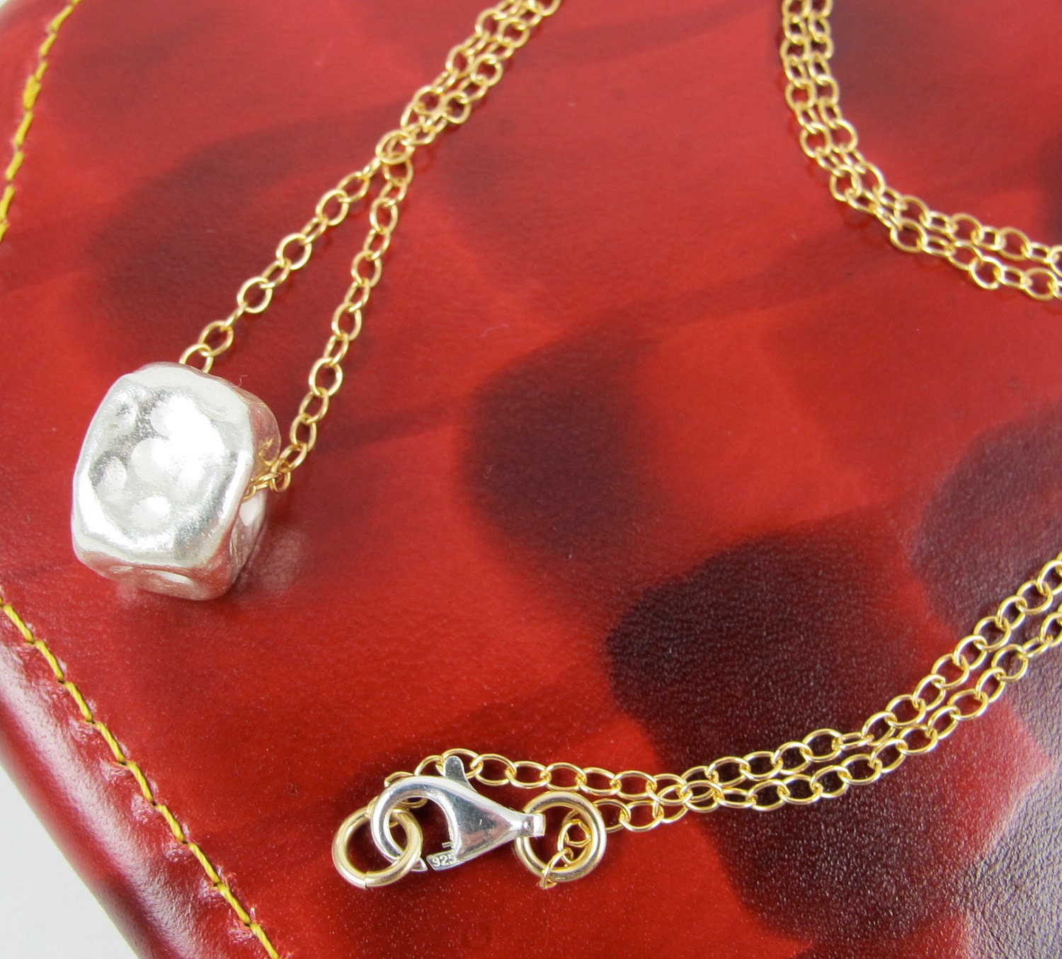 Simple Modern Necklace with Hill Tribe 99% Silver Cube with Embossed Detail, Gold Filled Chain, Sterling Silver Silver Clasp