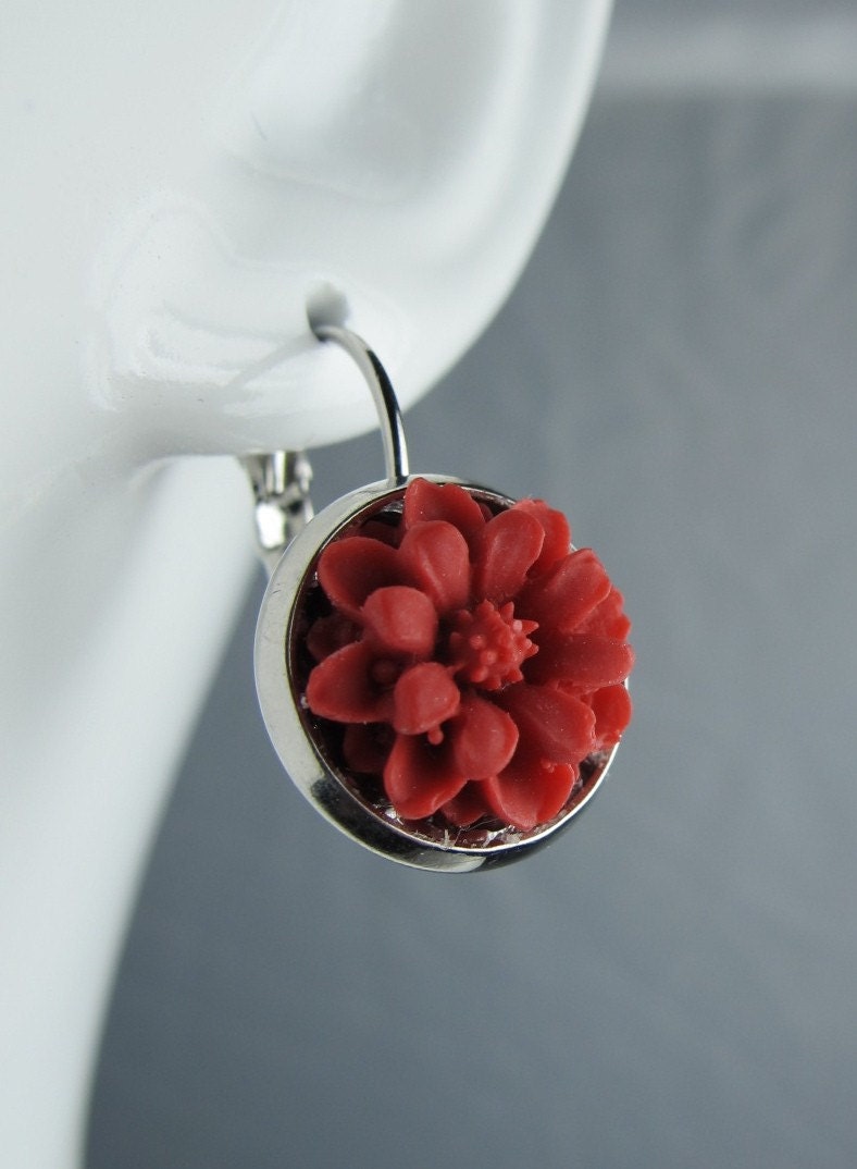 Dangle Earrings, Red Daisies, Silver Tone Leverback Earwires, Bezel Set, Under Ten Dollars