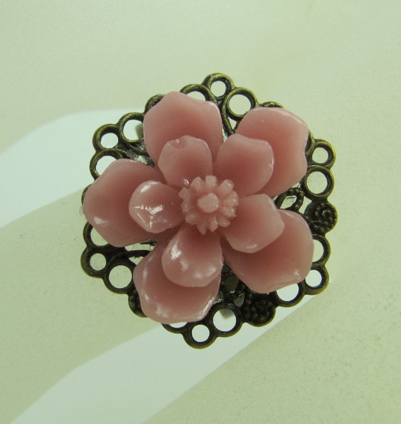 Ring with Pink Sakura Flower, Affixed to Antiqued Brass Filigree Hexagon, Adjustable Brass Ring Base