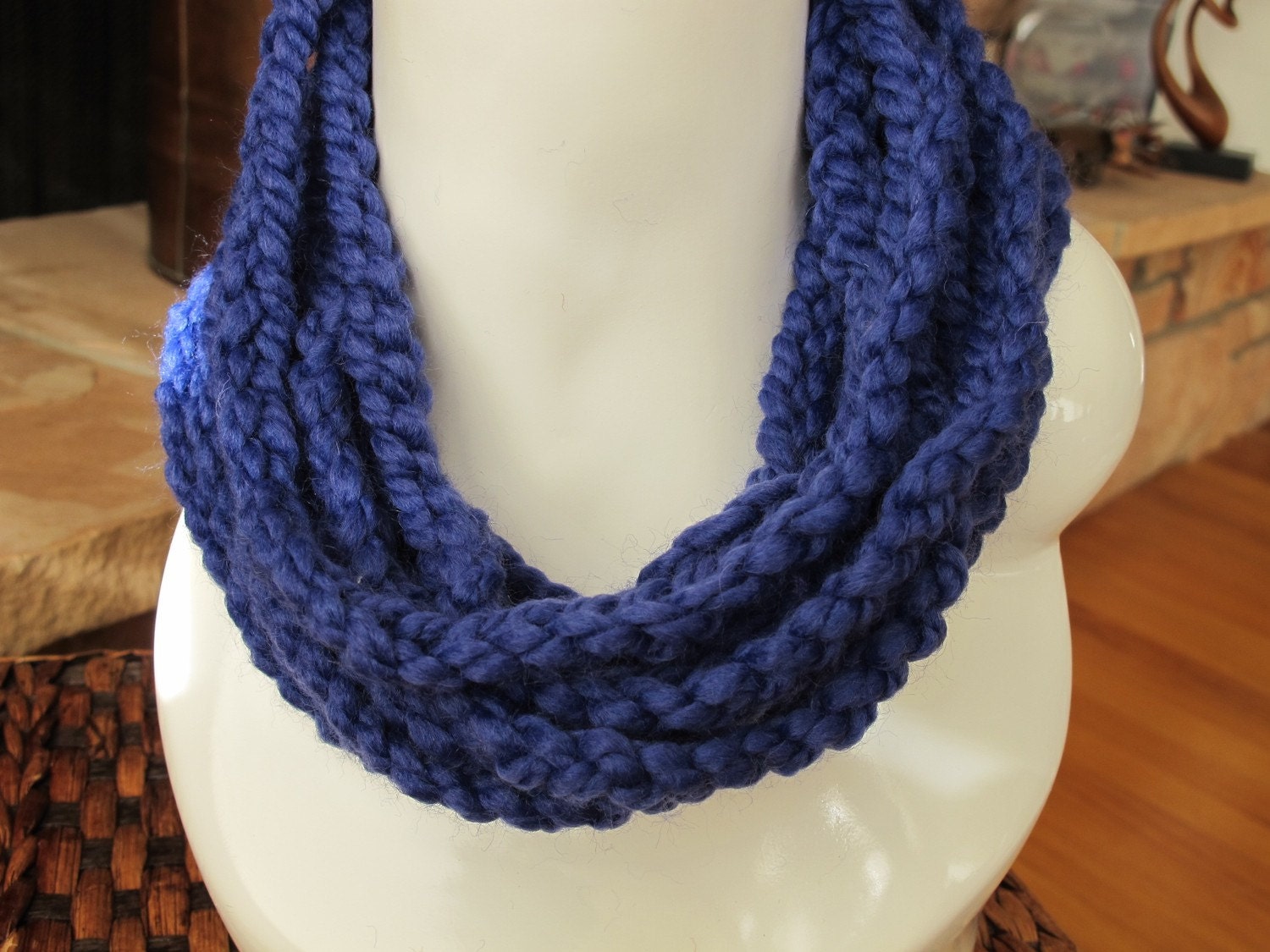 Cowl of Crocheted Chains Neckwarmer in Cobalt Blue Rope Necklace 28 Inch Circumference