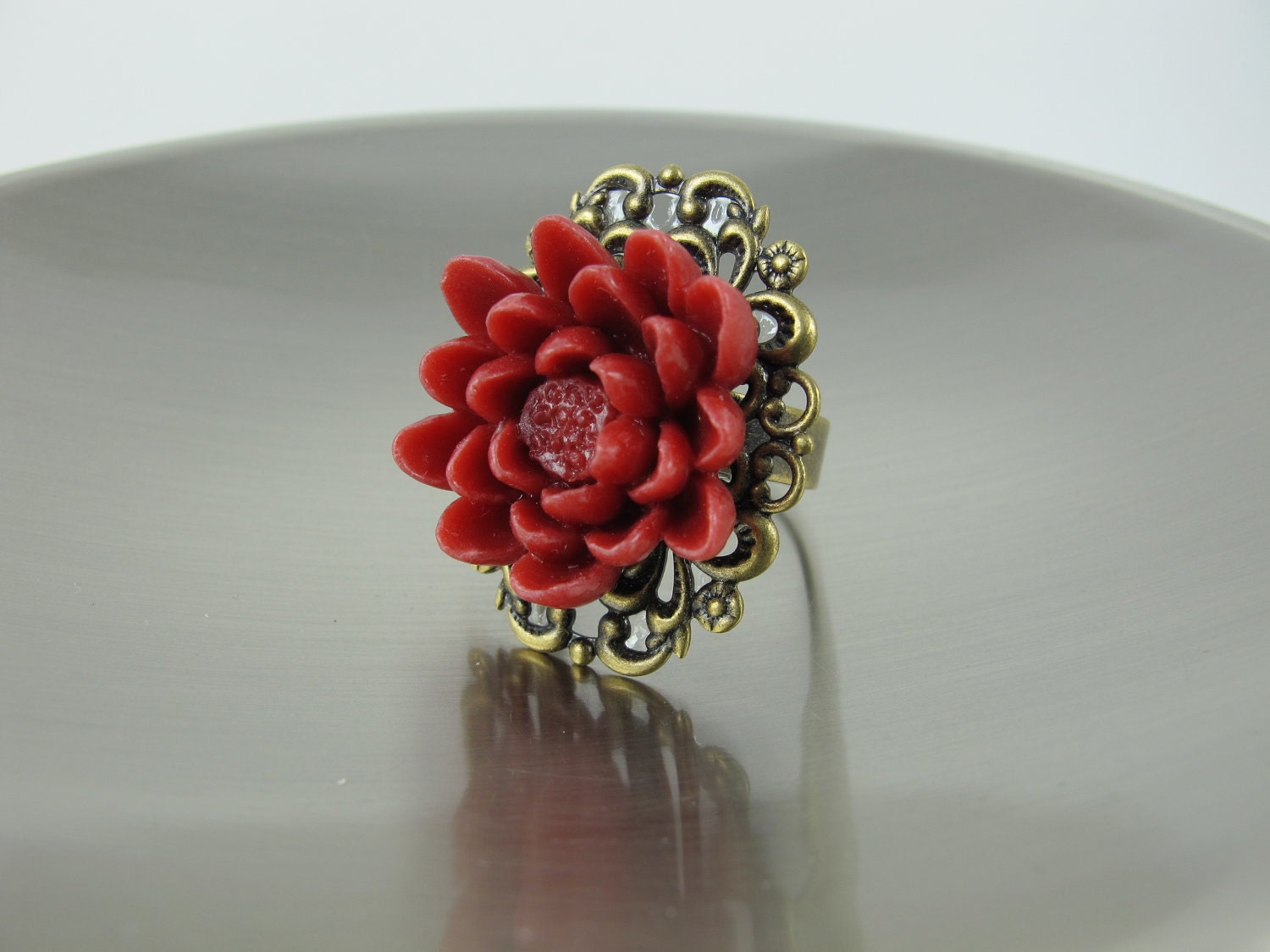 Ring, Large Red Lotus Blossom, Brass Filigree Base, Adjustable Ring Band