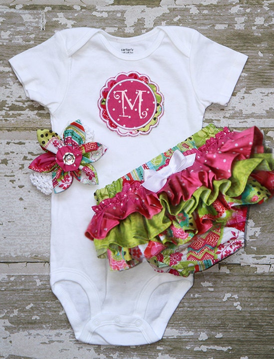 Patchwork hot pink dots, lime green bottom bloomers and fabric flower headband and Applique Onesie short or long sleeve