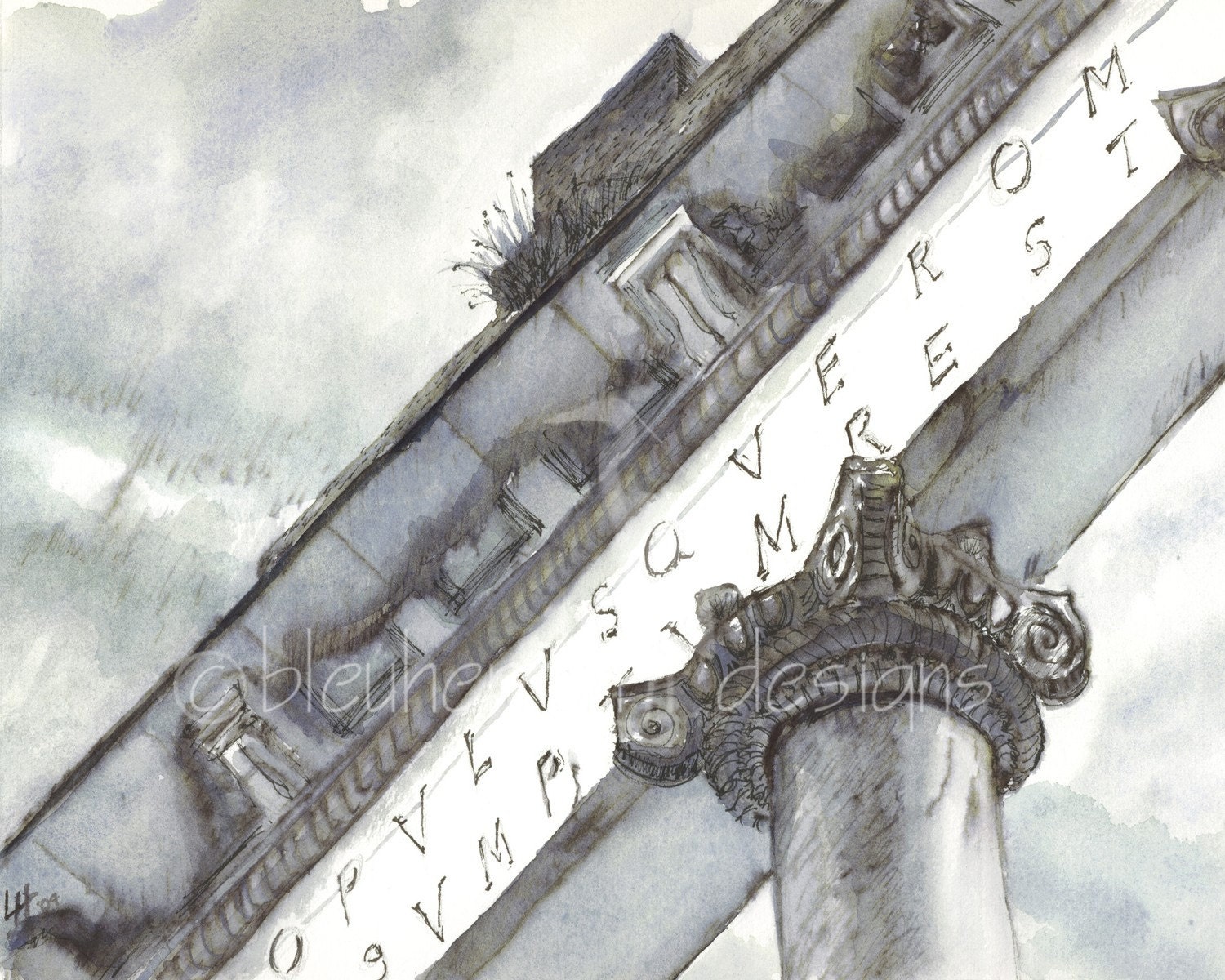 Temple of Saturn in Rome - 8x10 ink wash print