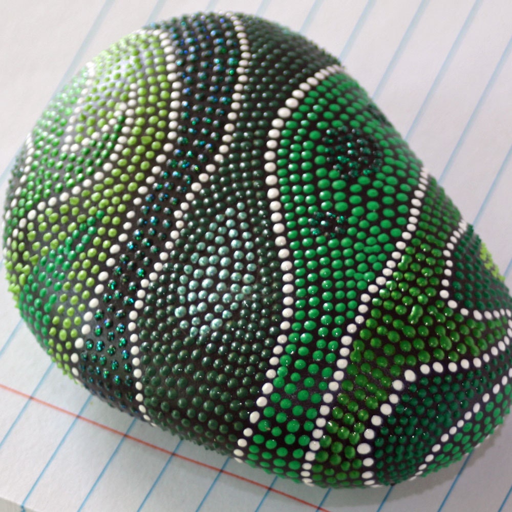 Swirled Shades of Green Hand Painted Dot Rock