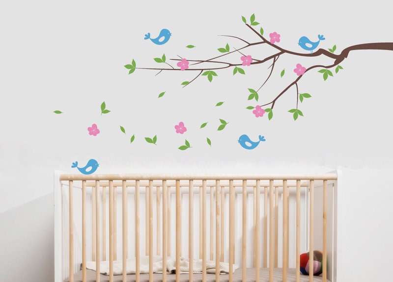 Cherry Blossom Tree Branch and Birds Wall Decal - Children Baby Nursery Decal - Nursery Wall Decals