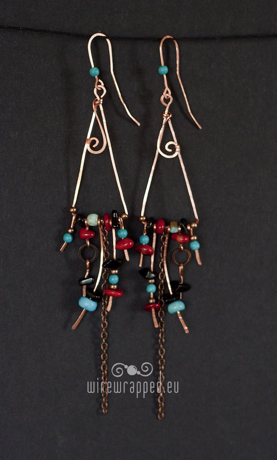OOAK Hammered copper wire, coral, turquoise and onyx long earrings