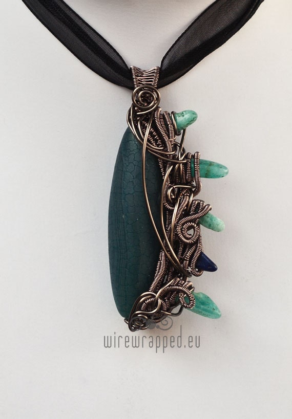 OOAK Long blue agate wire wrapped pendant with spikes