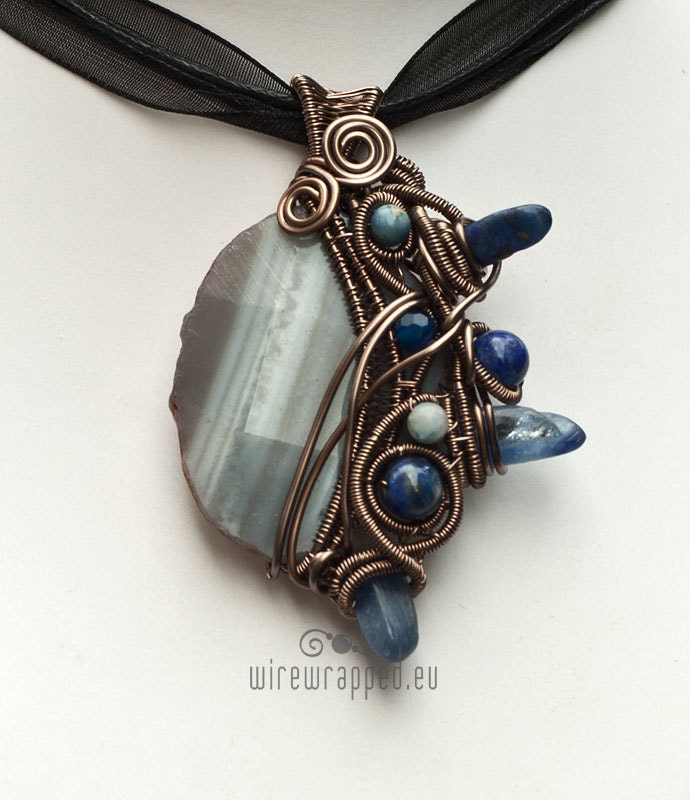 OOAK grey agate wire wrapped pendant with blue spikes