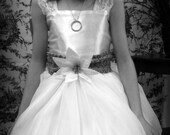 Pearl white Lace-chiffon flower girl dress with a grey rosette sash for a wedding, custom flower girl dress for a wedding. Ask for sizes