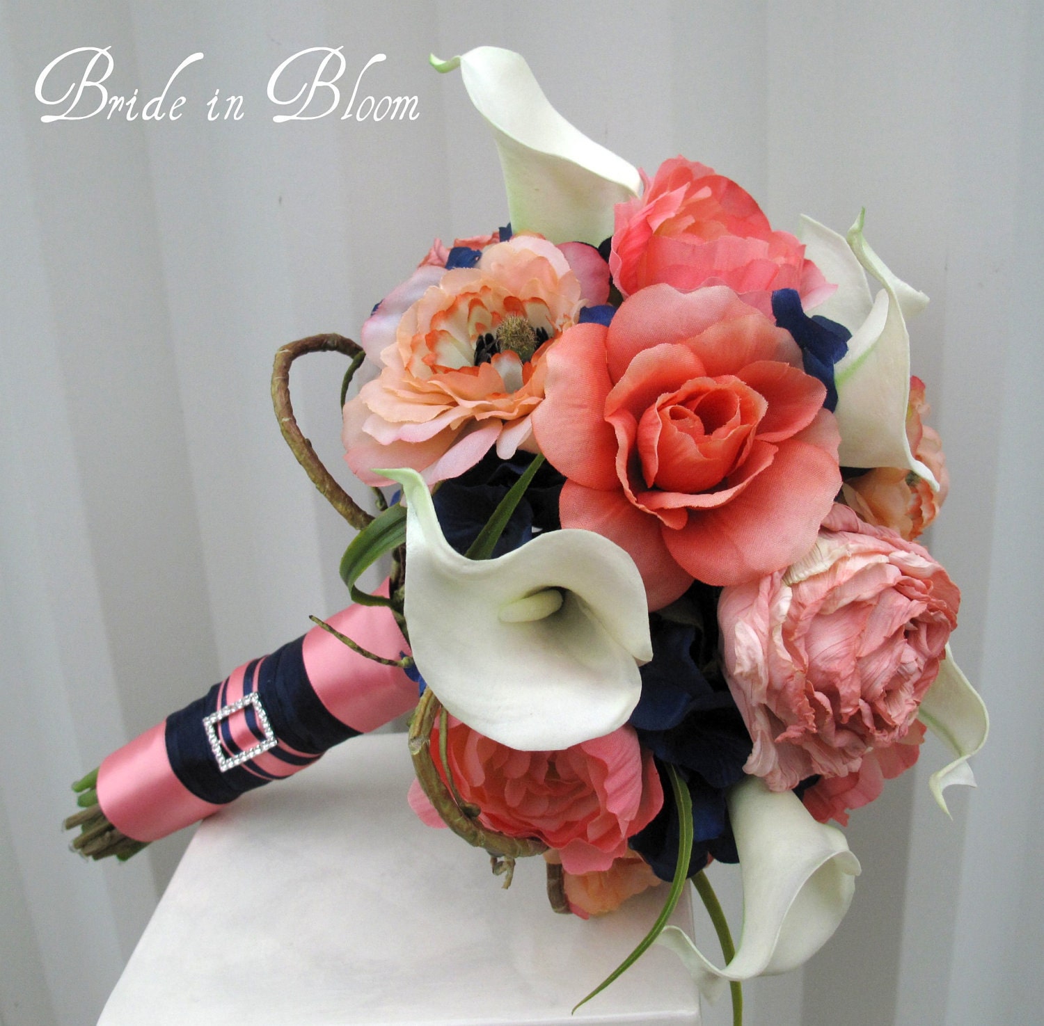 Wedding bouquet coral navy white calla lily rose bridal bouquets silk wedding flowers