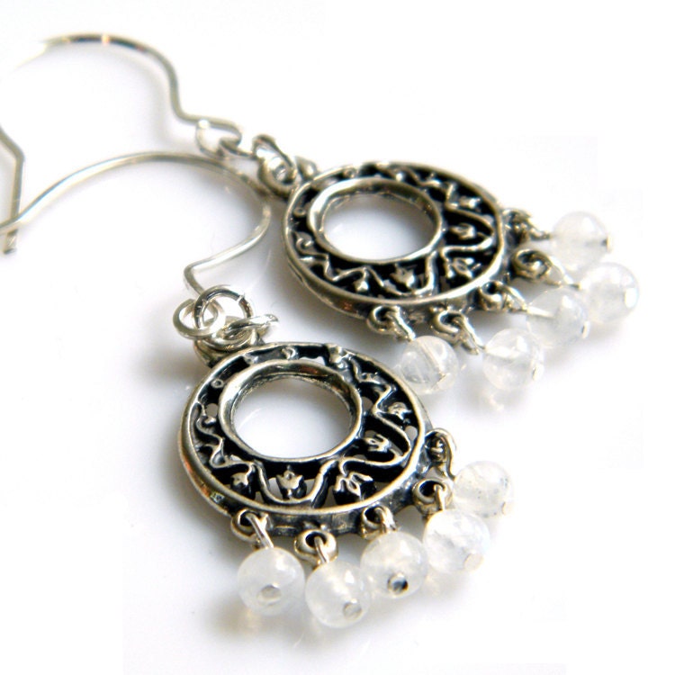 Small Sterling Silver and Moonstone Chandelier Earrings