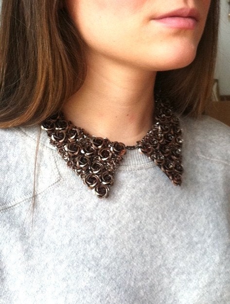Metal Oxford Collar Bib Necklace with Bronze Aluminum Roses - The Luxe Collar in Bronze