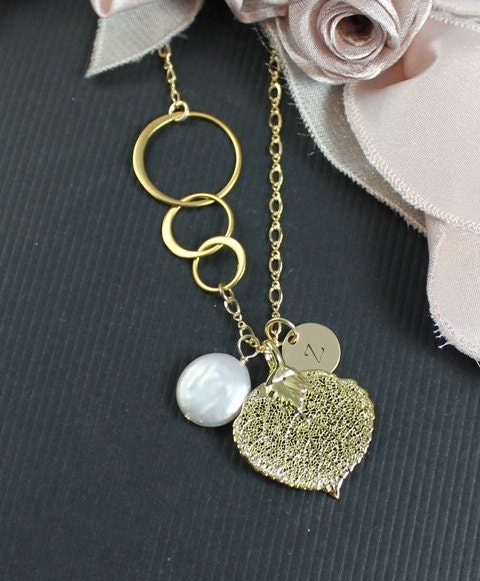 Gold Bridesmaids Necklace, Genuine GOLD Aspen Leaf, Initialed Charm and Pearl Necklace, Bridesmaids Gift, Bridal jewelry, Wedding jewelry
