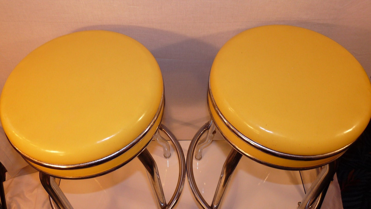 Pair of Vintage Canary Yellow Cosco Chrome and Vinyl Soda Fountain Bar Stools