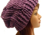 Crochet Cabled Slouchy Beanie Hat in Purple Medium