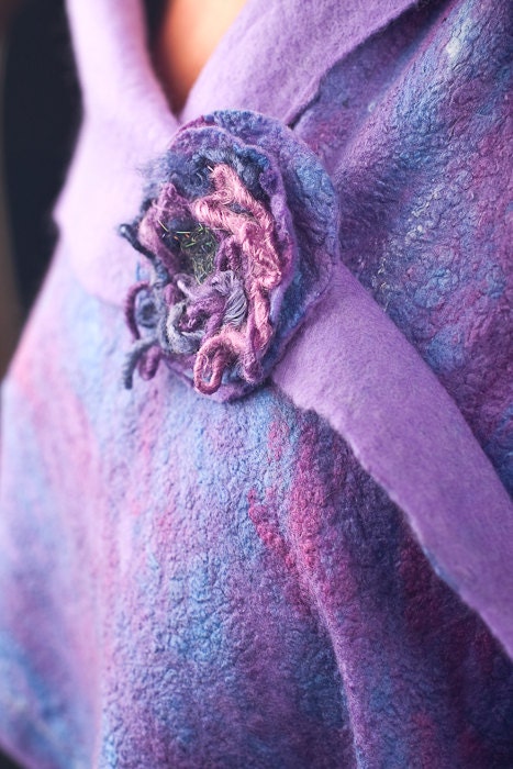 Felted Violet Purple Wool Shawl and Brooch (set)