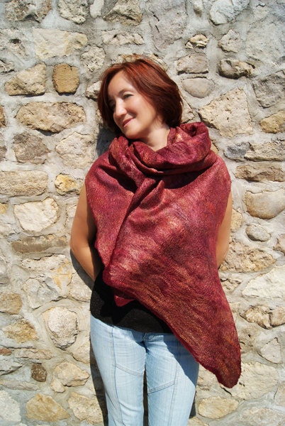 Red Wine Rustic Burgundy Merlot Wool Silk Shawl Scarf