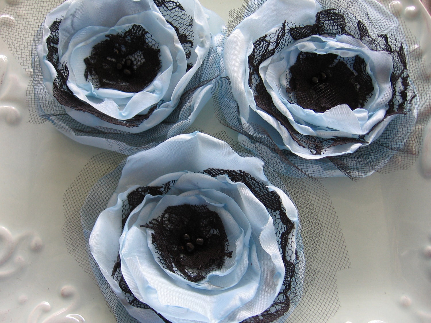 Fabric flower sew on appliques embellishents baby blue and black lace for hair accessories, home decor