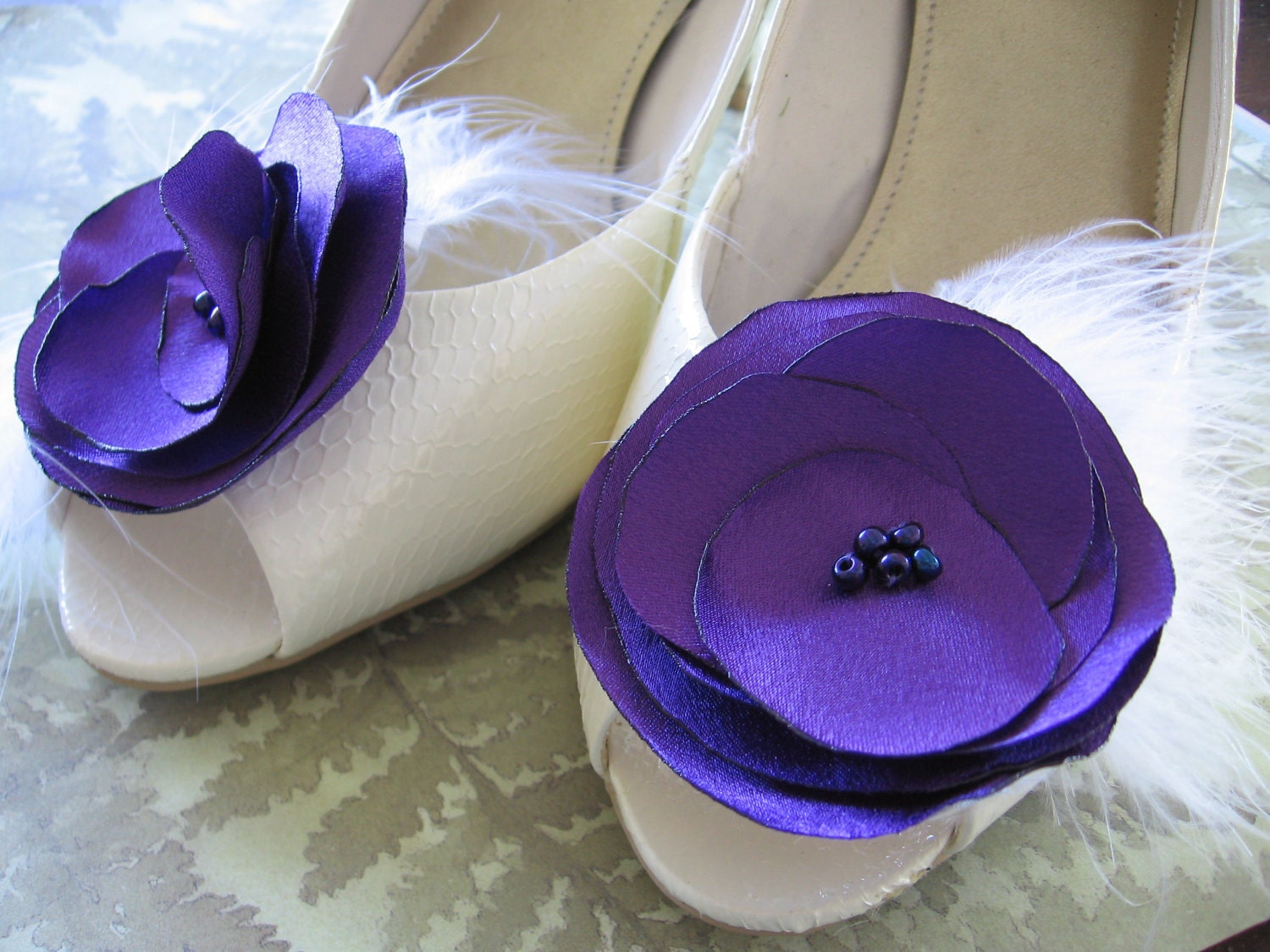 Shoe clips fabric flower rich amethyst and marabou feathers special occasion, boudoir, photo prop