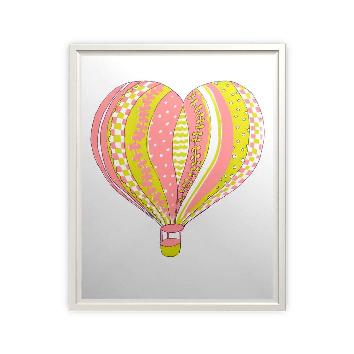 Heart Air Balloon - Silkscreen Art Print - Green Pink - 8 x 10 Poster - Pen - Limited Edition