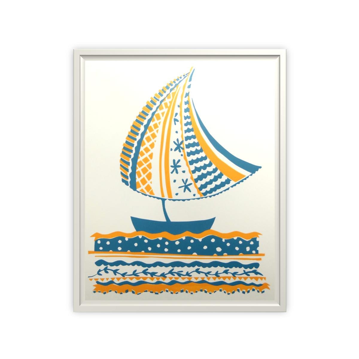 Sail Boat - Silkscreen Art Print - Navy Blue Gold - 8 x 10 Poster - Limited Edition - Fenhood