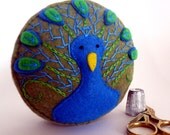 Handmade Pincushion Peacock brilliant blue olive green embroidered handsewn recycled felt made to order